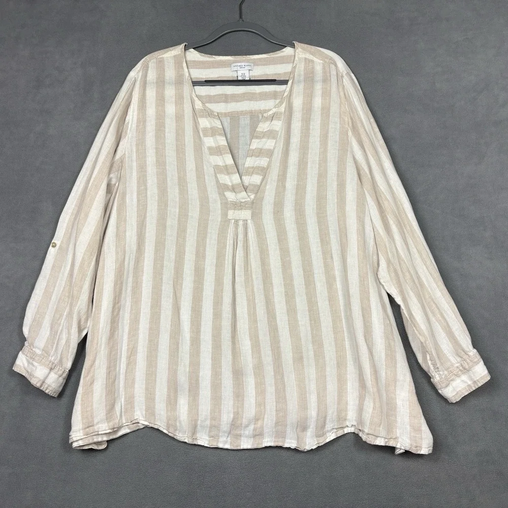 Antibes Blanc 100% Linen Tunic Top Size 3X Beige White Stripe Roll Tab Sleeve
